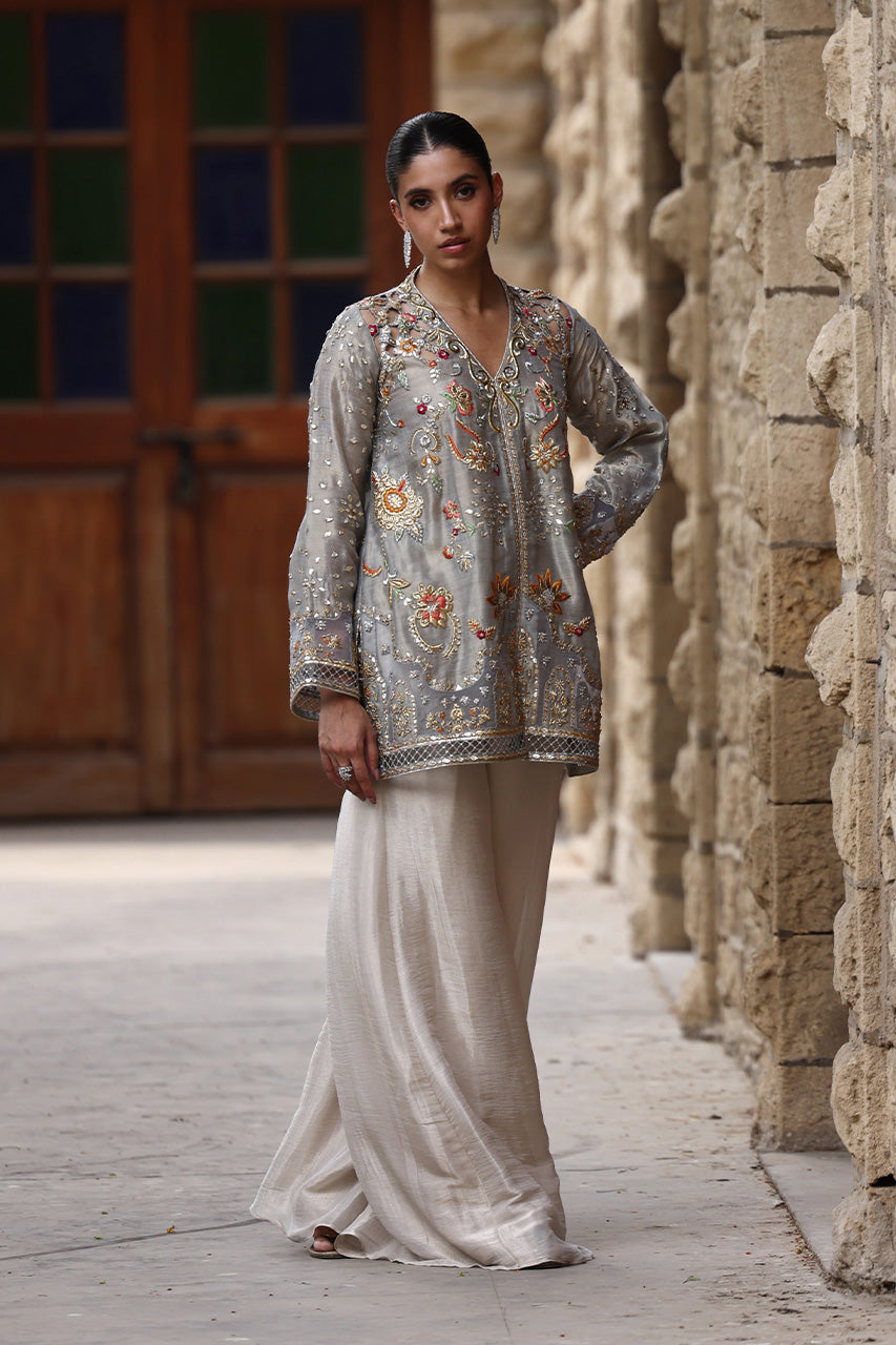 Pakistani Blue-Grey Embroidered Meysuri Lamé Jacket & Culottes (2-Piece) - Image 3