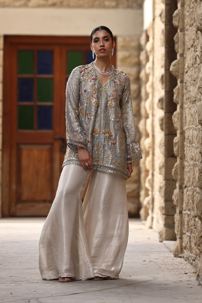 Pakistani Blue-Grey Embroidered Meysuri Lamé Jacket & Culottes (2-Piece) - Image 4