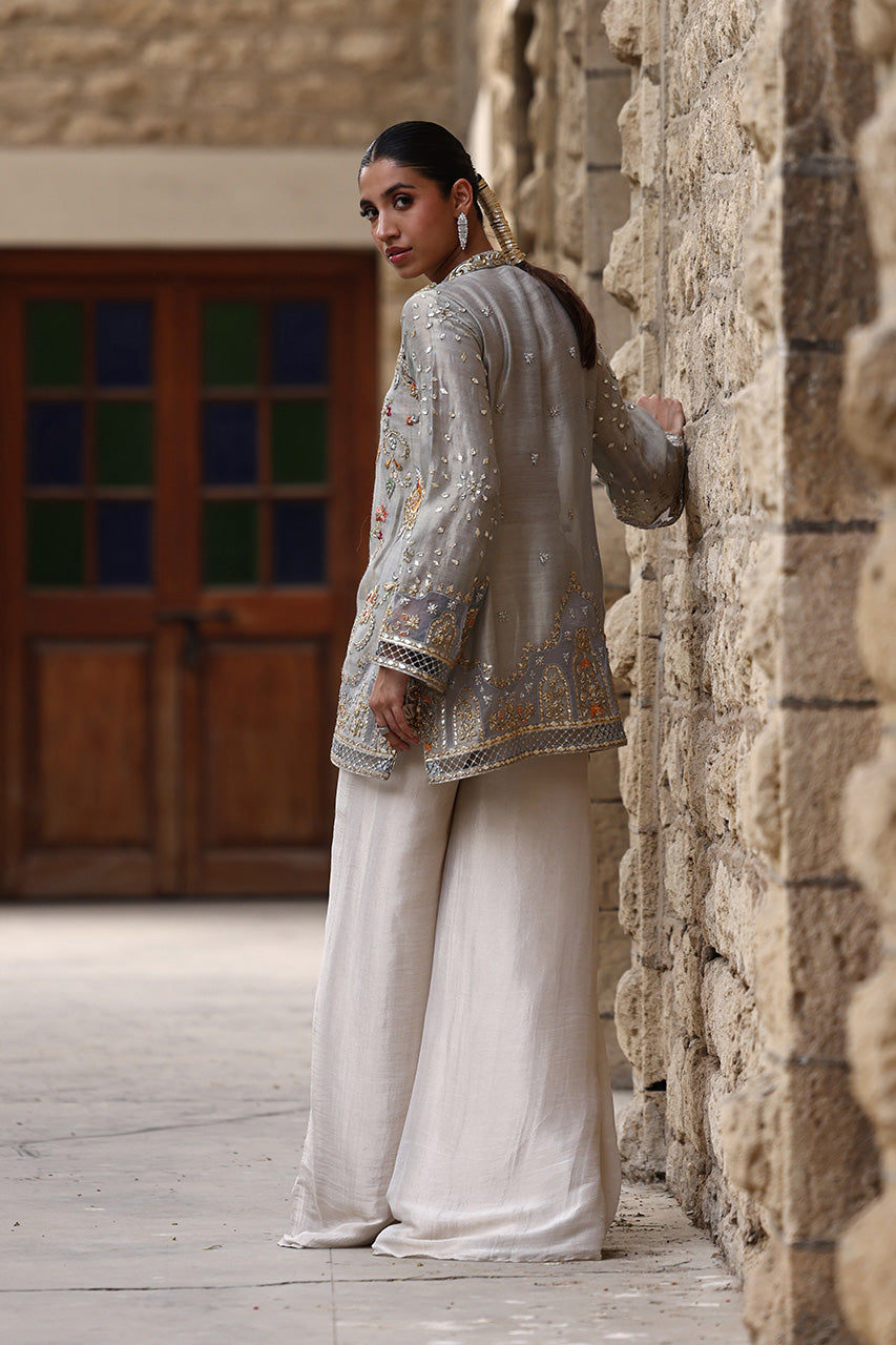Pakistani Blue-Grey Embroidered Meysuri Lamé Jacket & Culottes (2-Piece) - Image 5