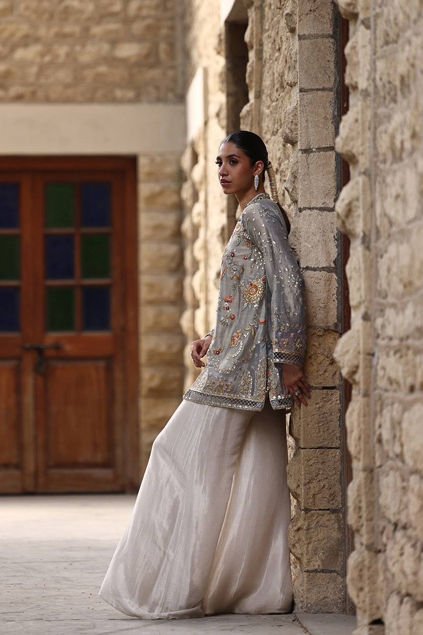Pakistani Blue-Grey Embroidered Meysuri Lamé Jacket & Culottes (2-Piece) - Image 6