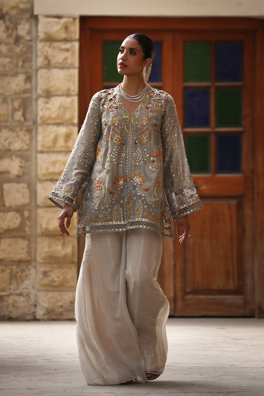 Pakistani Blue-Grey Embroidered Meysuri Lamé Jacket & Culottes (2-Piece) - Image 7