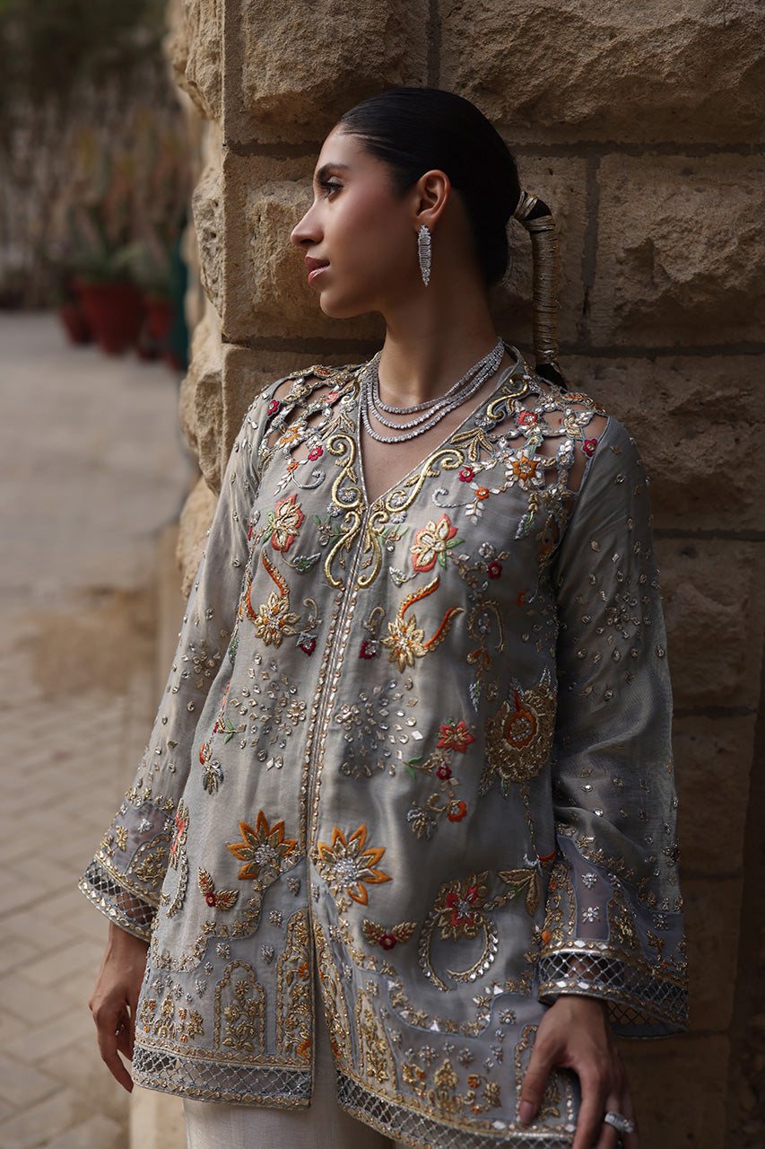 Pakistani Blue-Grey Embroidered Meysuri Lamé Jacket & Culottes (2-Piece) - Image 8
