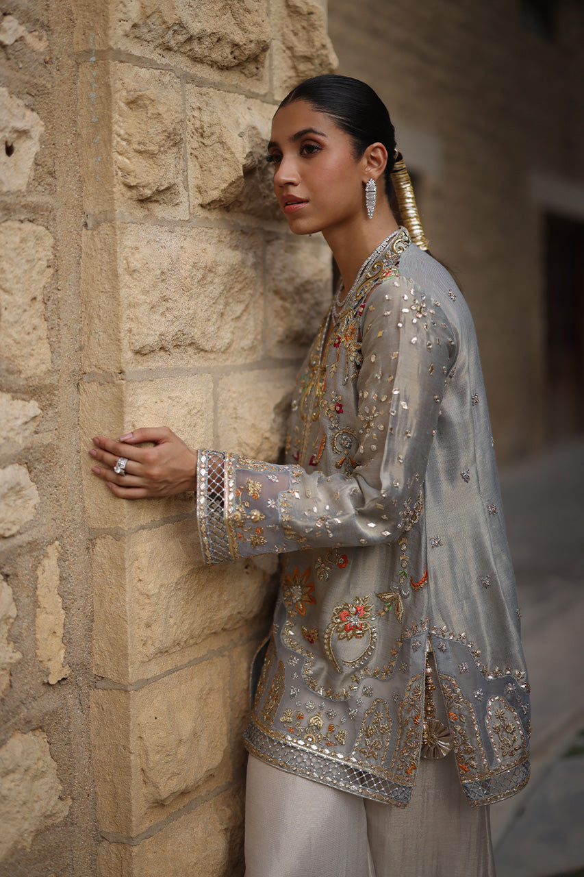 Pakistani Blue-Grey Embroidered Meysuri Lamé Jacket & Culottes (2-Piece) - Image 9