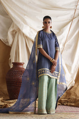 Emerald Blue Gota Embroidered Net Salwar Kameez (3-Piece) - Image 2