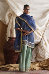 Emerald Blue Gota Embroidered Net Salwar Kameez (3-Piece) - Image 3