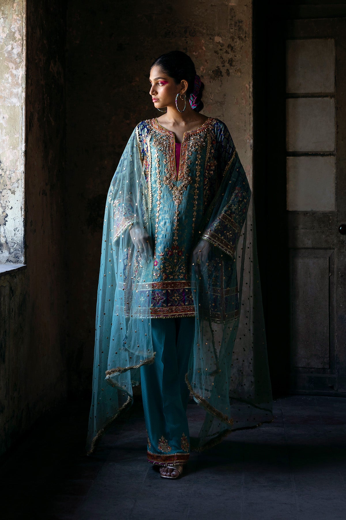 Aqua Mukesh Net Salwar Kameez (3-Piece) - Image 1