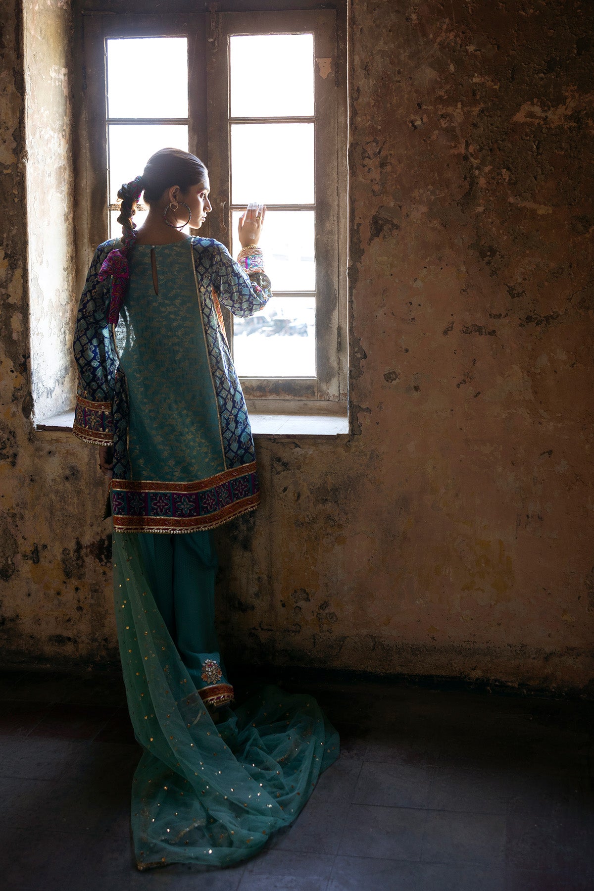 Aqua Mukesh Net Salwar Kameez (3-Piece) - Image 2