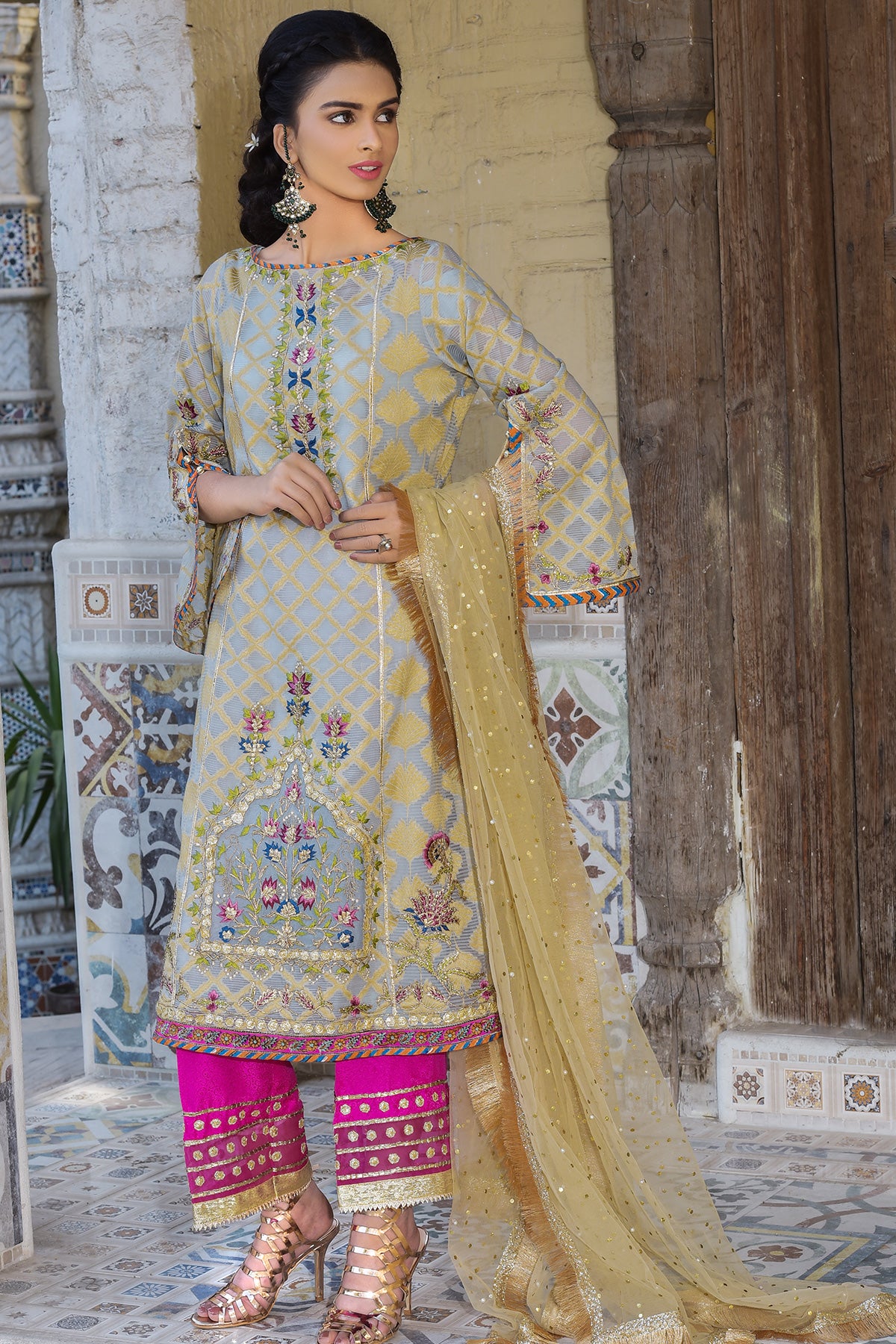 Pastel Blue Embroidered Net Salwar Kameez (3-Piece) - Image 1