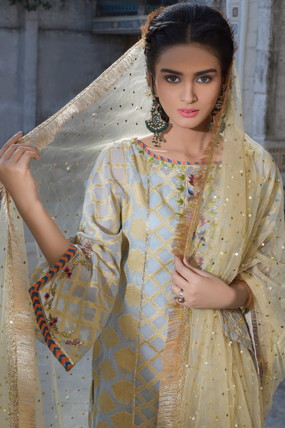Pastel Blue Embroidered Net Salwar Kameez (3-Piece) - Image 2