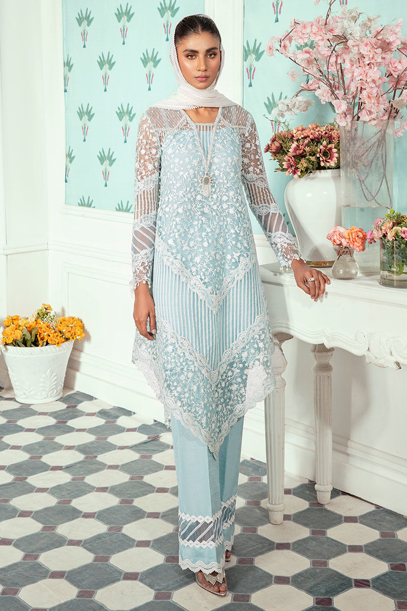 Aqua Embroidered Net High-Low Salwar Kameez (3-Piece) - Image 1