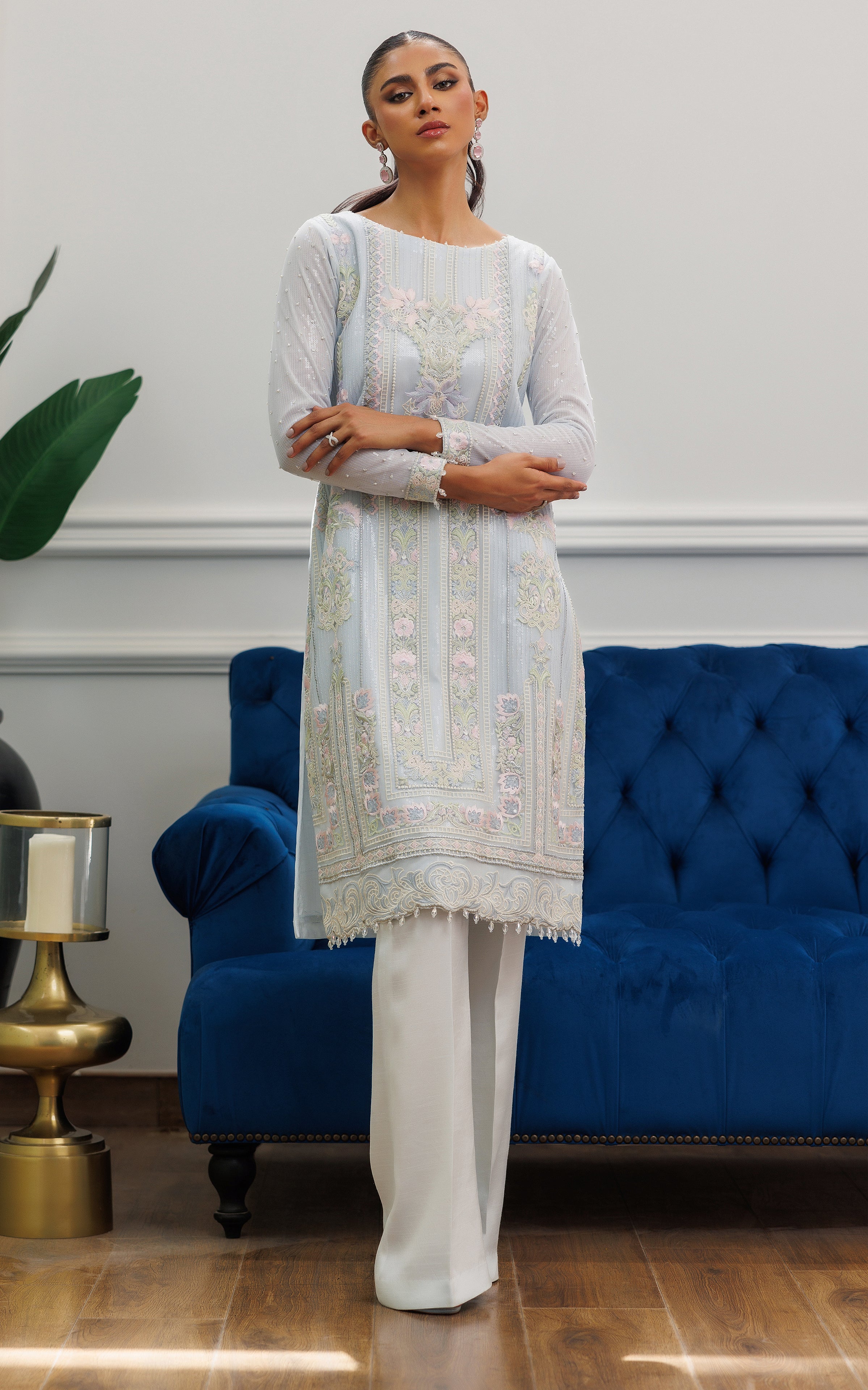 Pakistani Powder Blue Embroidered Net Long Shirt (2-Piece) - Image 1
