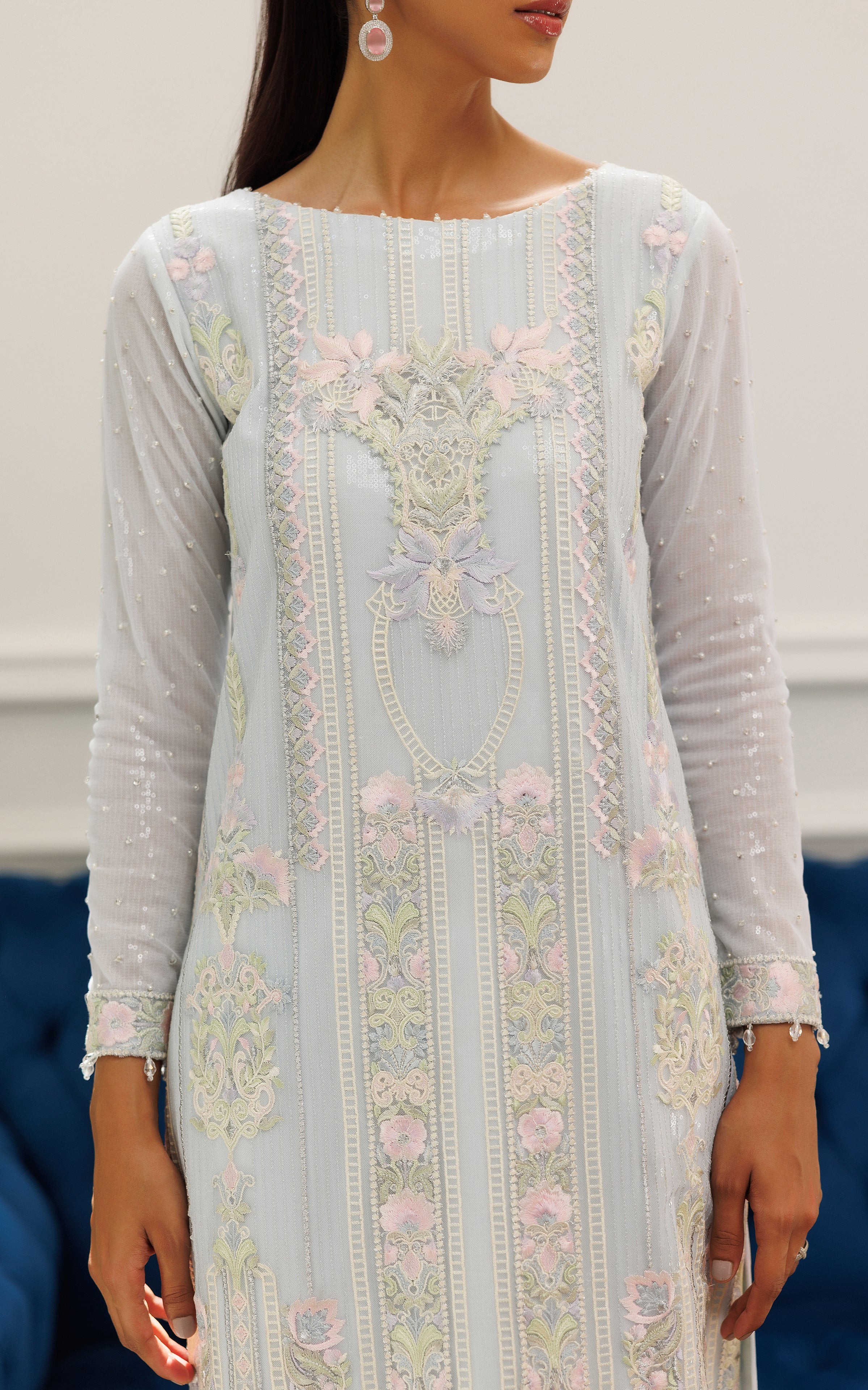 Pakistani Powder Blue Embroidered Net Long Shirt (2-Piece) - Image 3