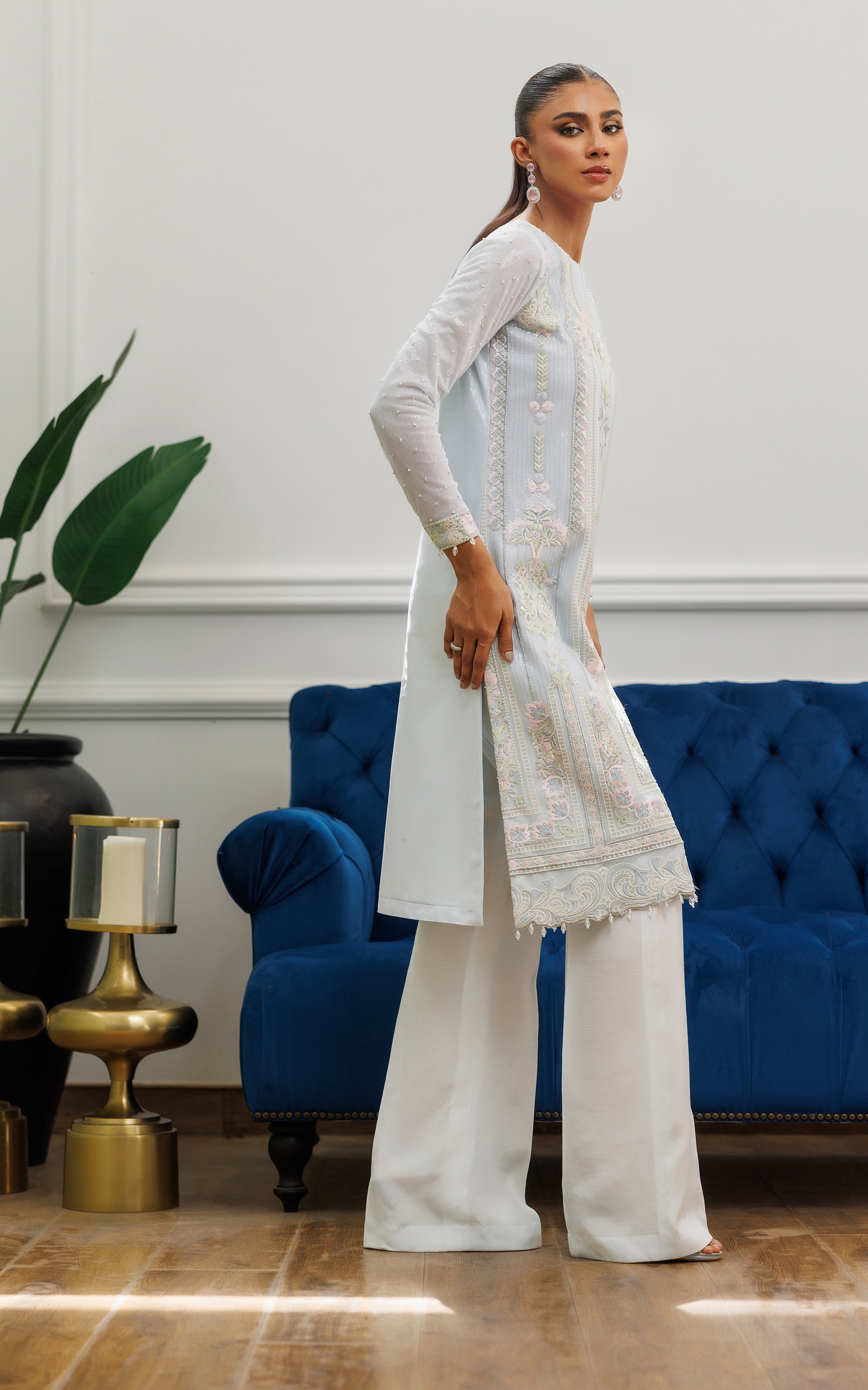 Pakistani Powder Blue Embroidered Net Long Shirt (2-Piece) - Image 4