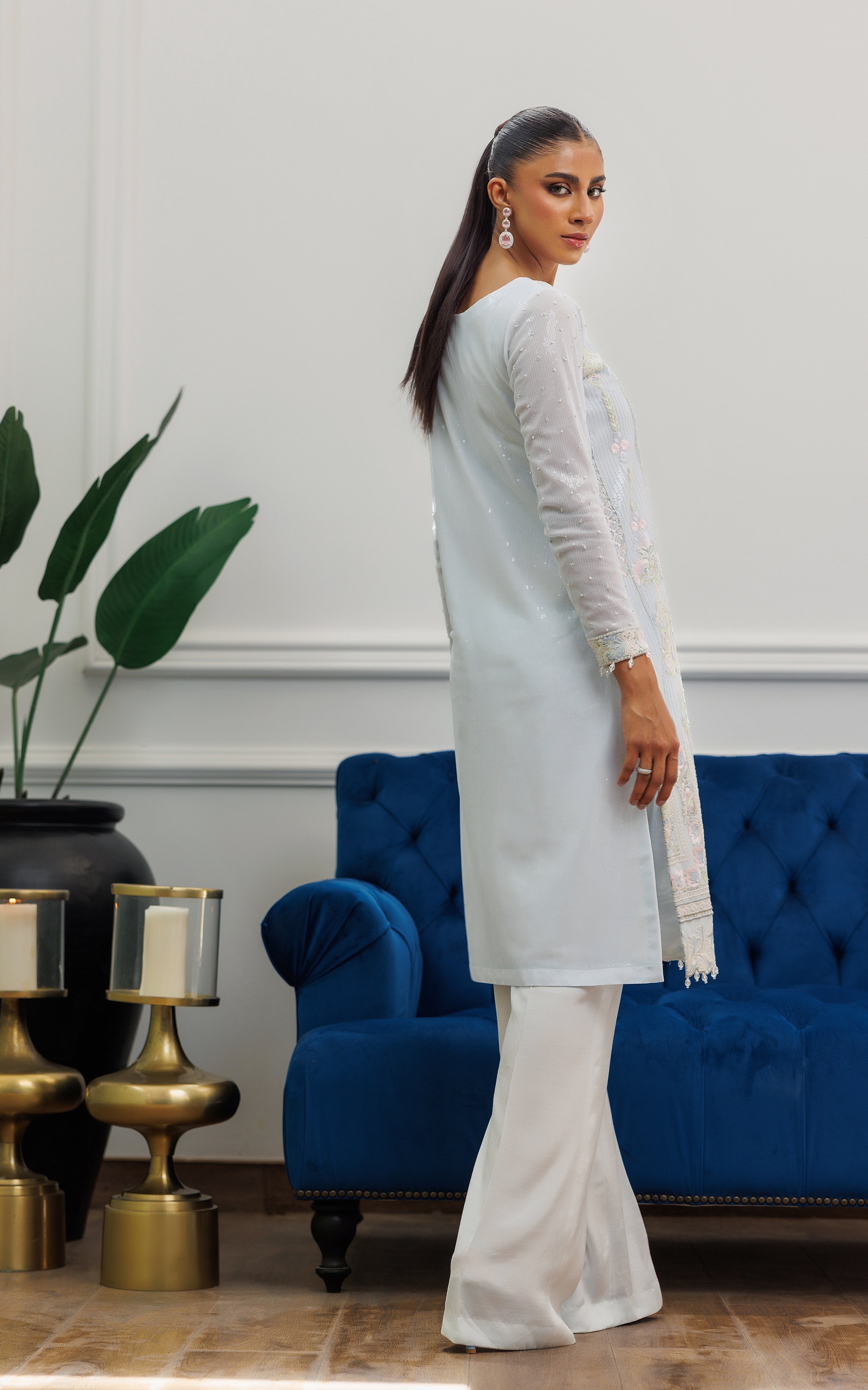 Pakistani Powder Blue Embroidered Net Long Shirt (2-Piece) - Image 5