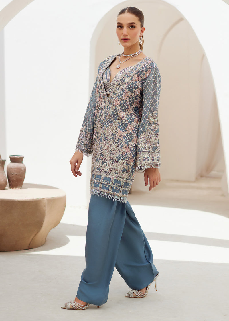 Steel Blue Embroidered Net Shirt with Raw Silk Pants (3-Piece) - Image 1