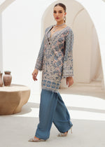 Steel Blue Embroidered Net Shirt with Raw Silk Pants (3-Piece) - Image 2