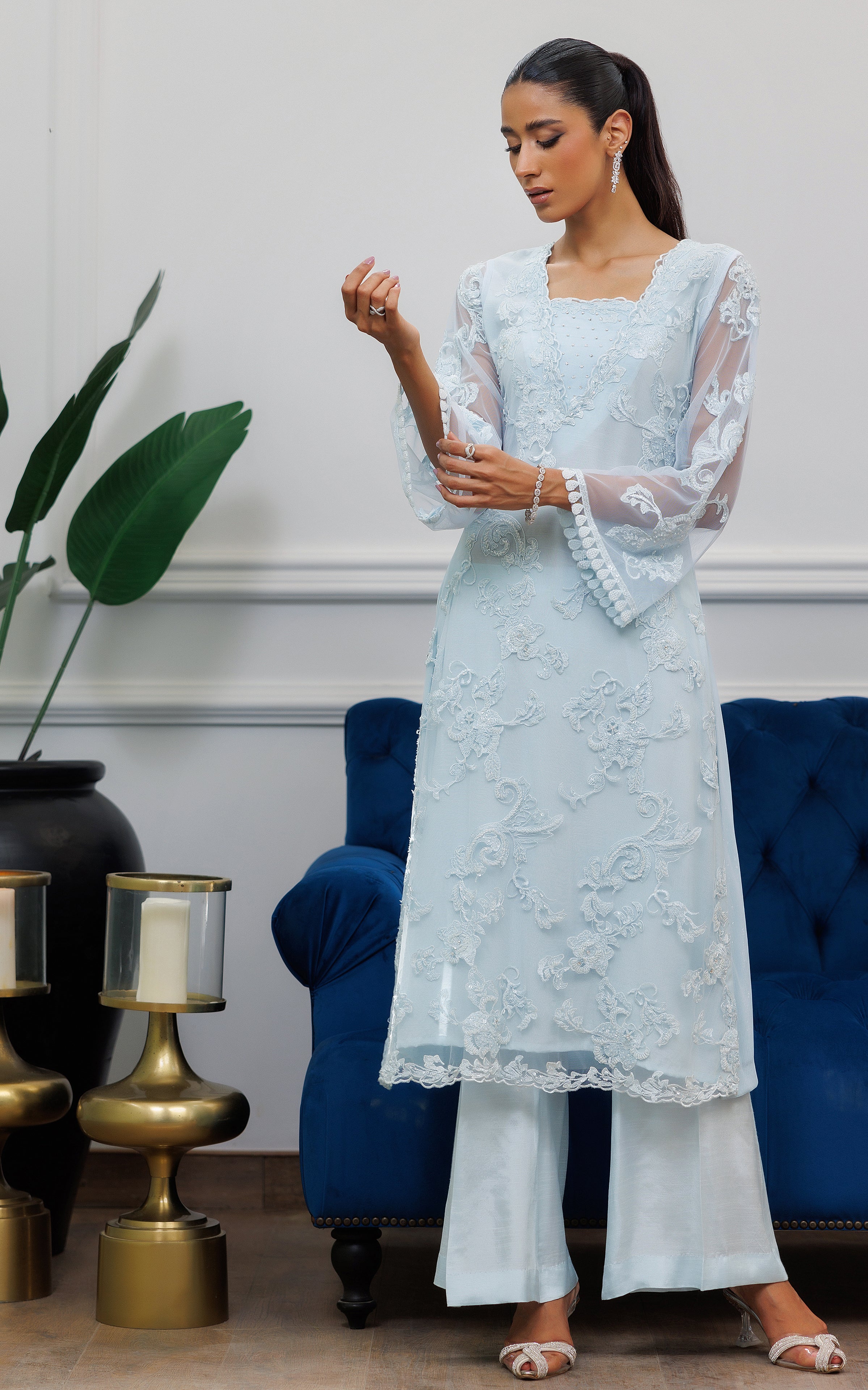 Powder Blue Embroidered Net Salwar Kameez (2-Piece) - Image 1