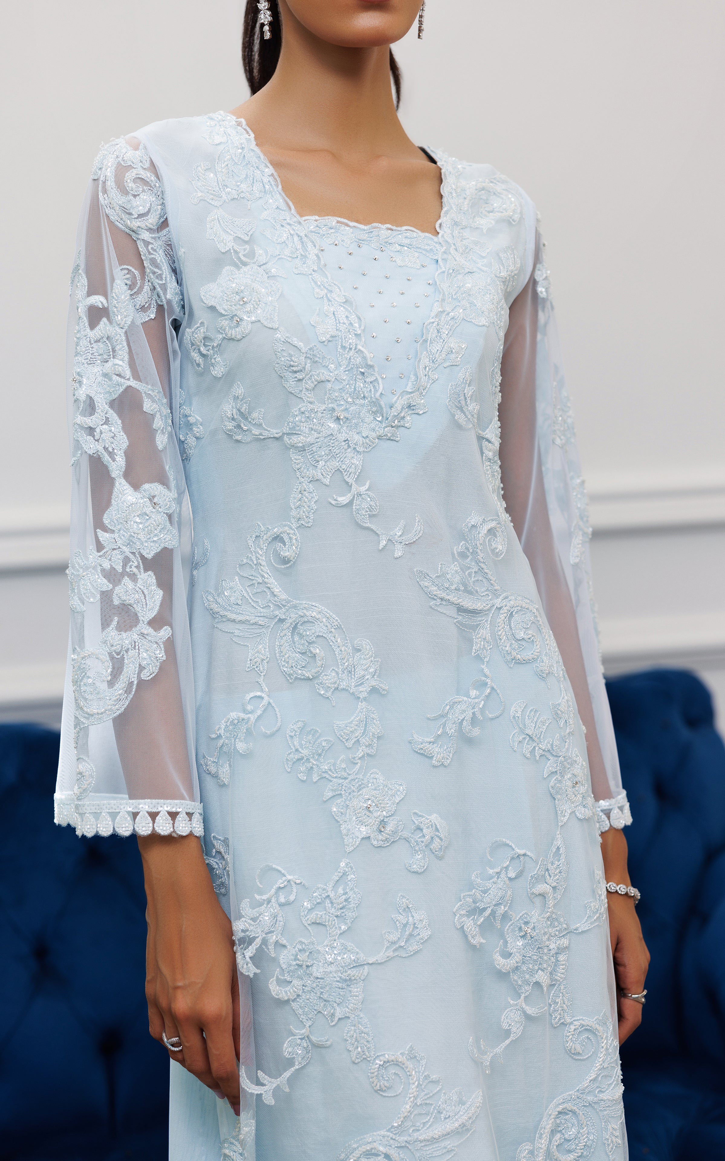 Powder Blue Embroidered Net Salwar Kameez (2-Piece) - Image 2