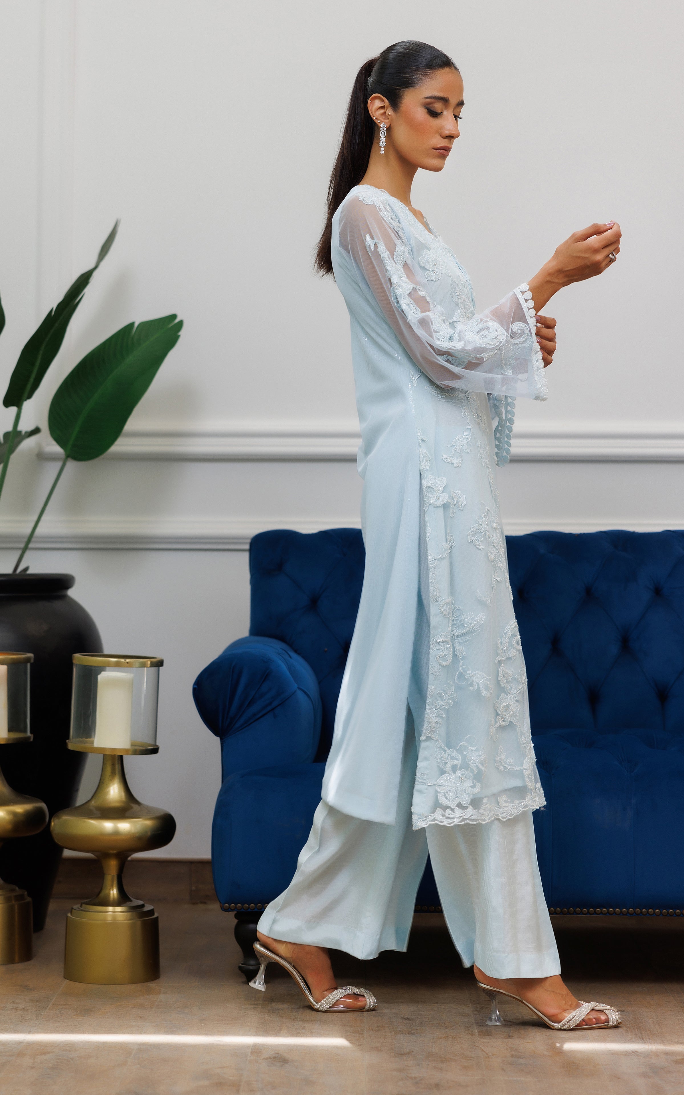 Powder Blue Embroidered Net Salwar Kameez (2-Piece) - Image 3