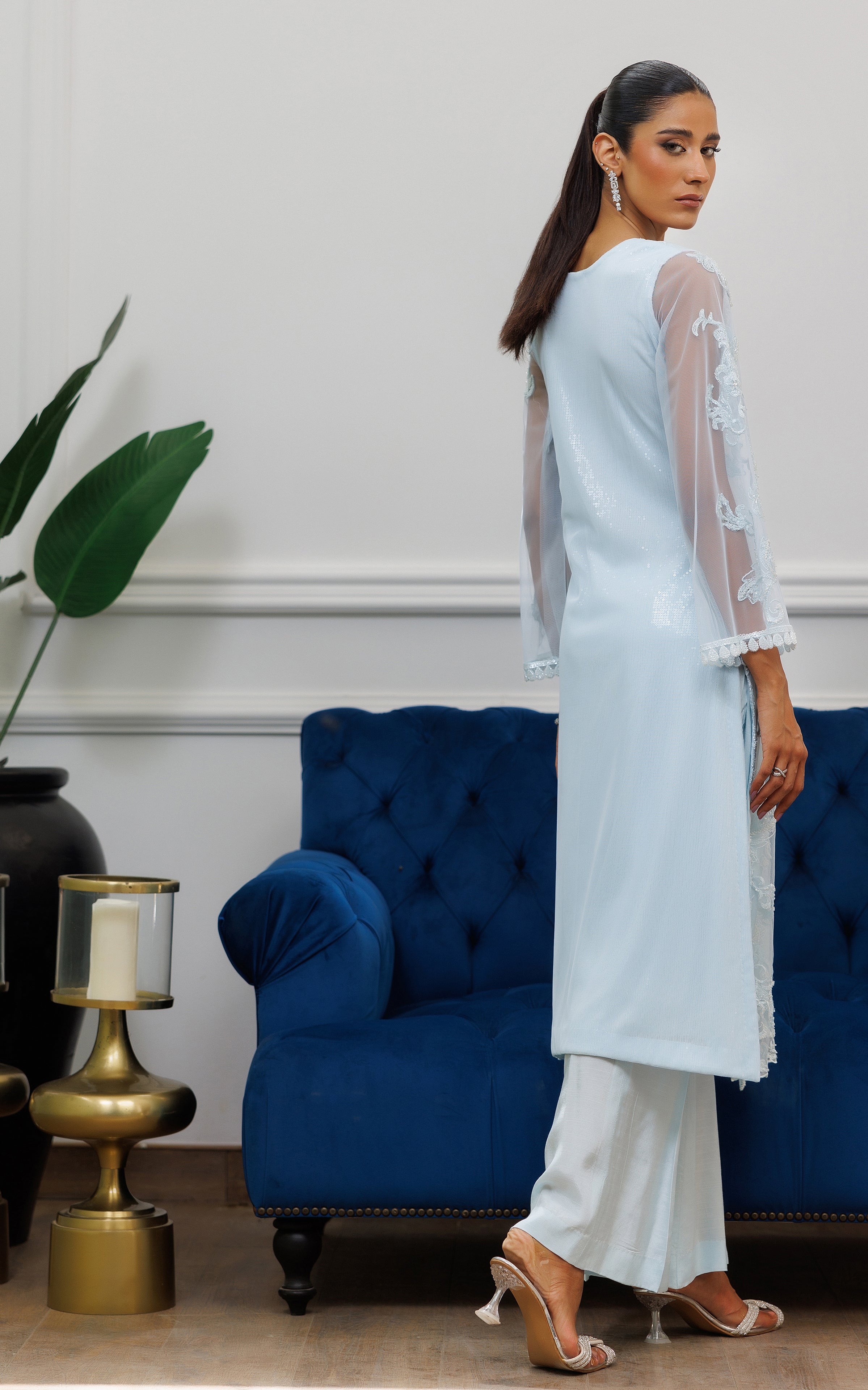 Powder Blue Embroidered Net Salwar Kameez (2-Piece) - Image 4