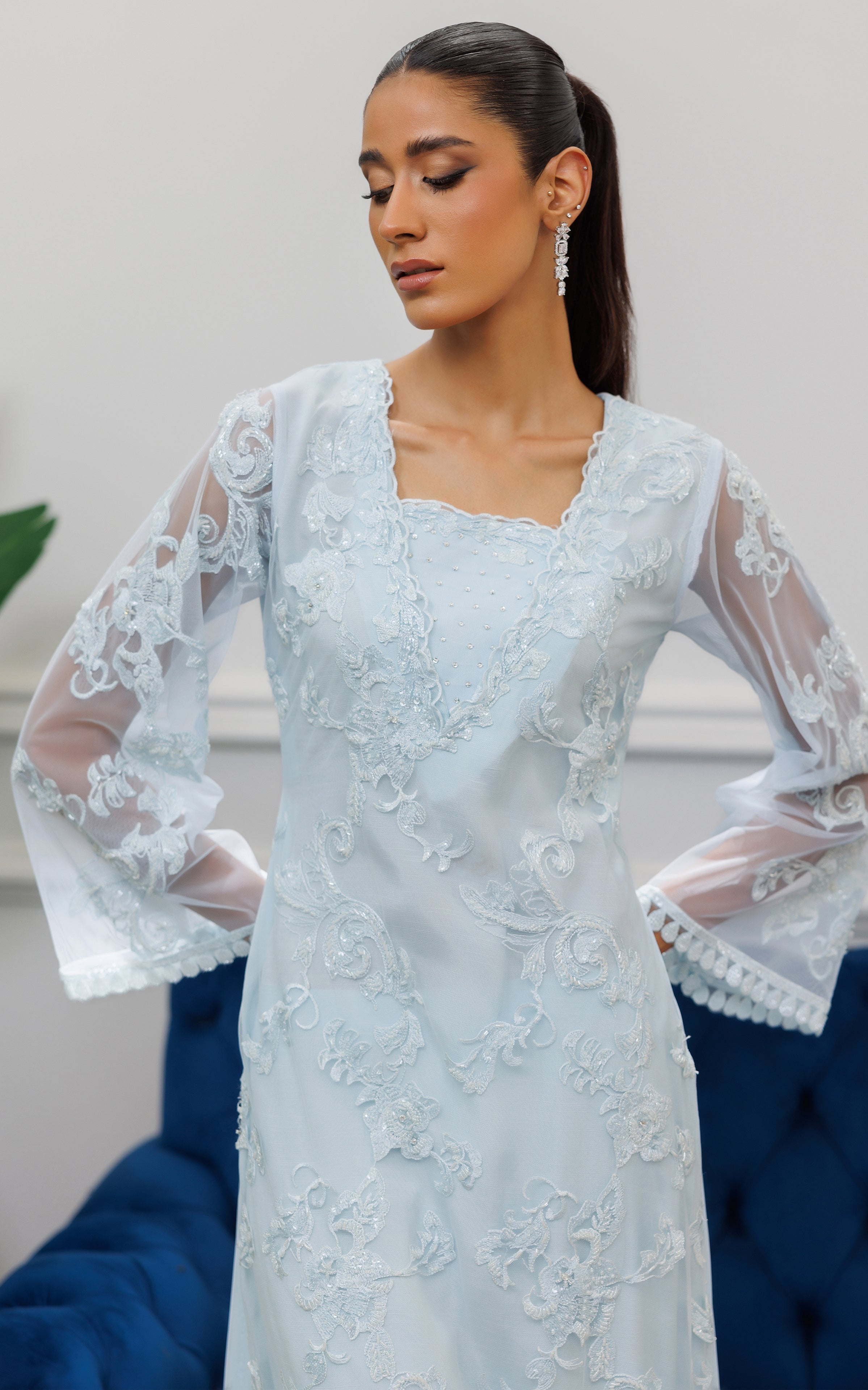 Powder Blue Embroidered Net Salwar Kameez (2-Piece) - Image 5