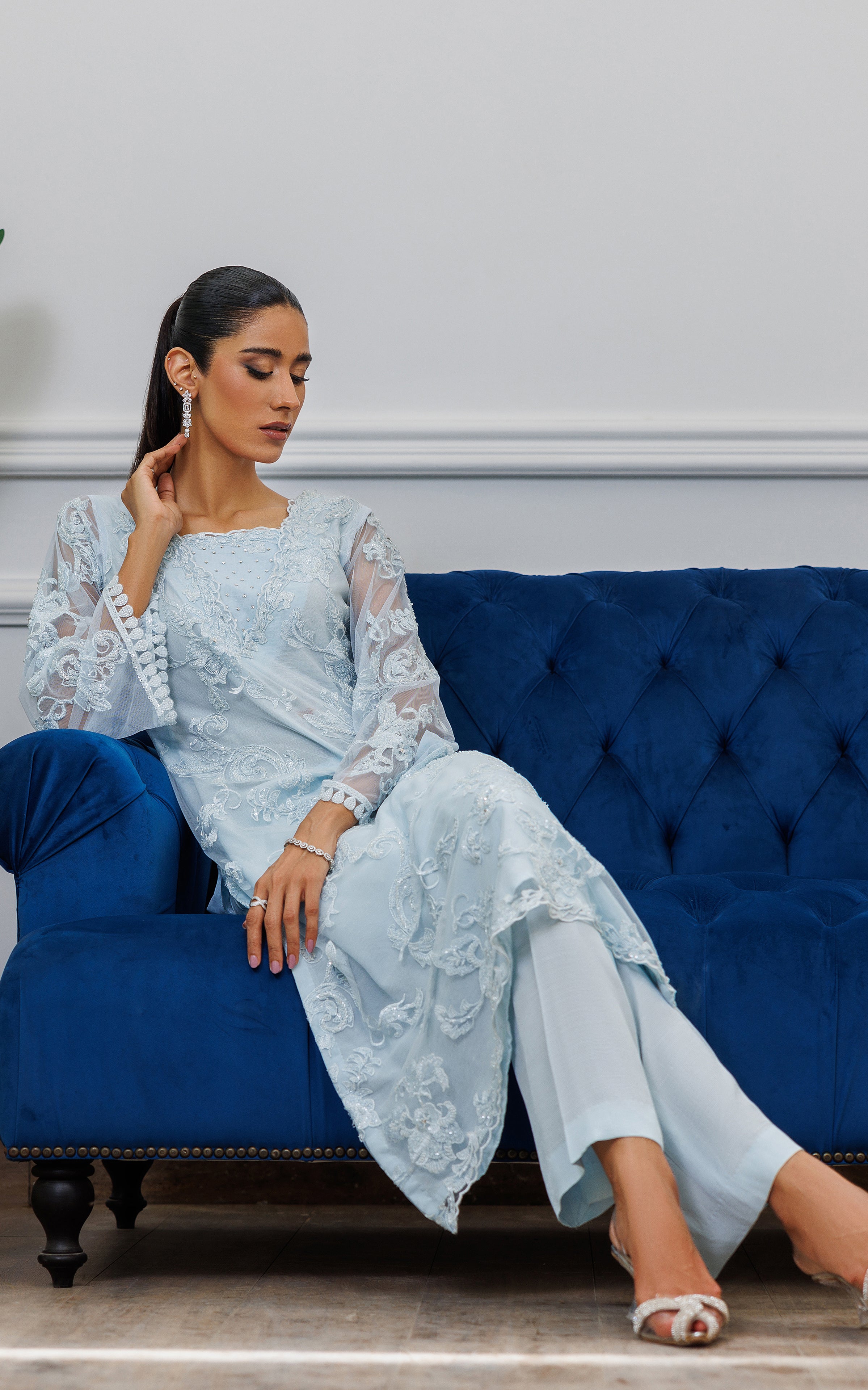 Powder Blue Embroidered Net Salwar Kameez (2-Piece) - Image 7