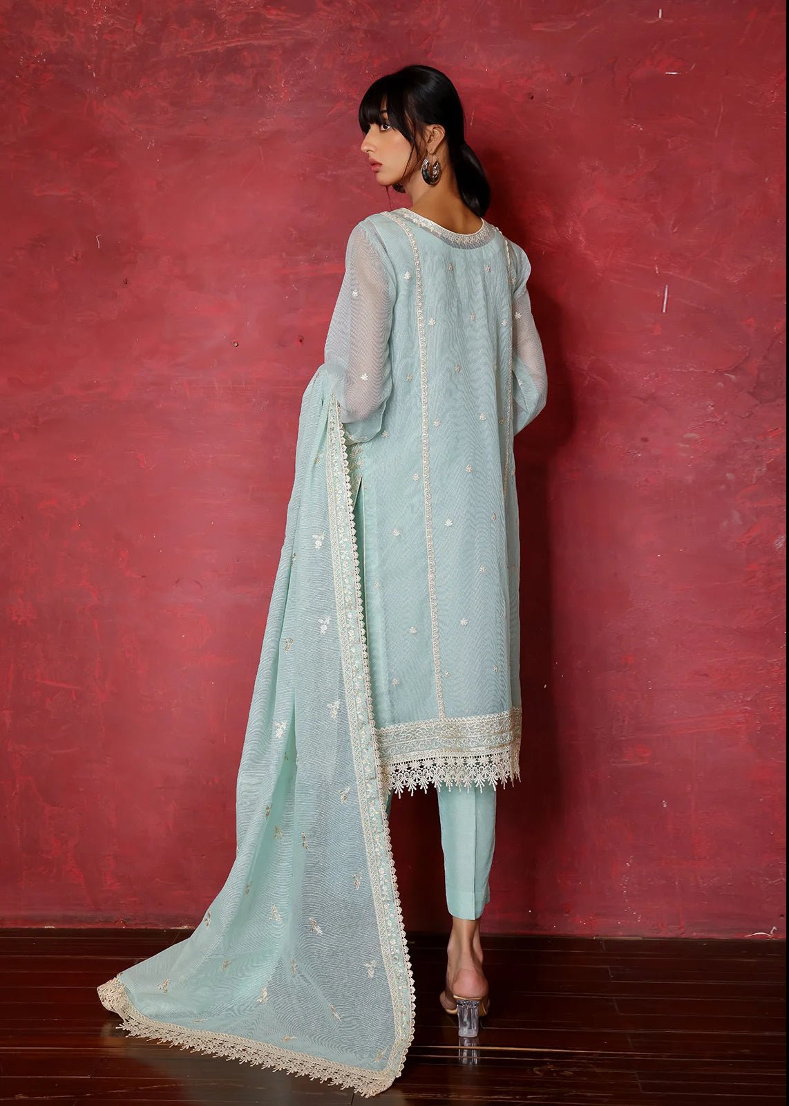 Aqua Chikan Embroidered Organza Net Kurta (3-Piece) - Image 1
