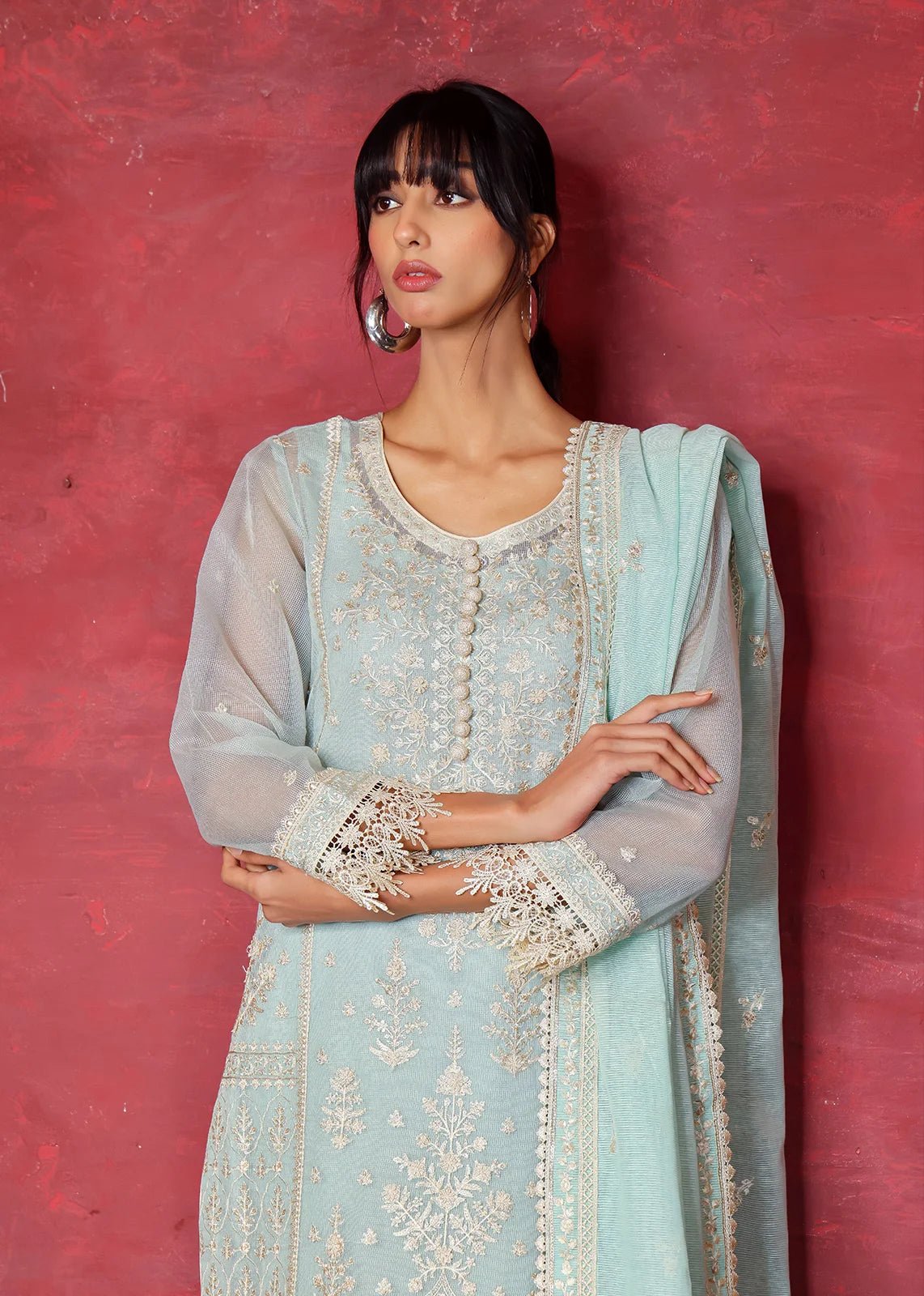Aqua Chikan Embroidered Organza Net Kurta (3-Piece) - Image 3