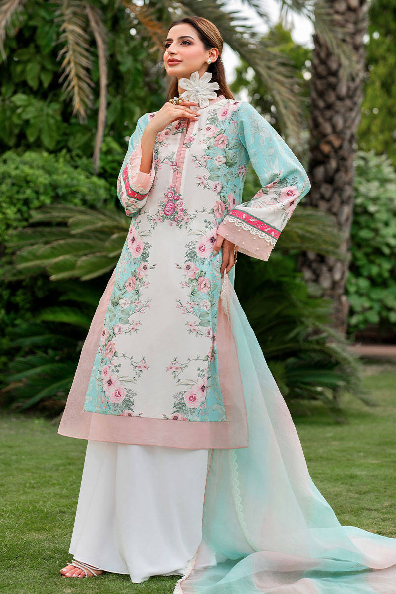 Baby Blue Printed Salwar Kameez with Hand Embellished Neckline (3-Piece) - Image 1