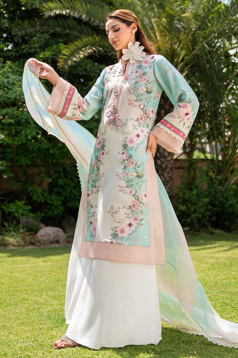 Baby Blue Printed Salwar Kameez with Hand Embellished Neckline (3-Piece) - Image 2