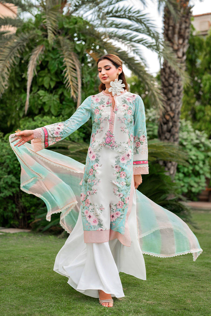 Baby Blue Printed Salwar Kameez with Hand Embellished Neckline (3-Piece) - Image 3