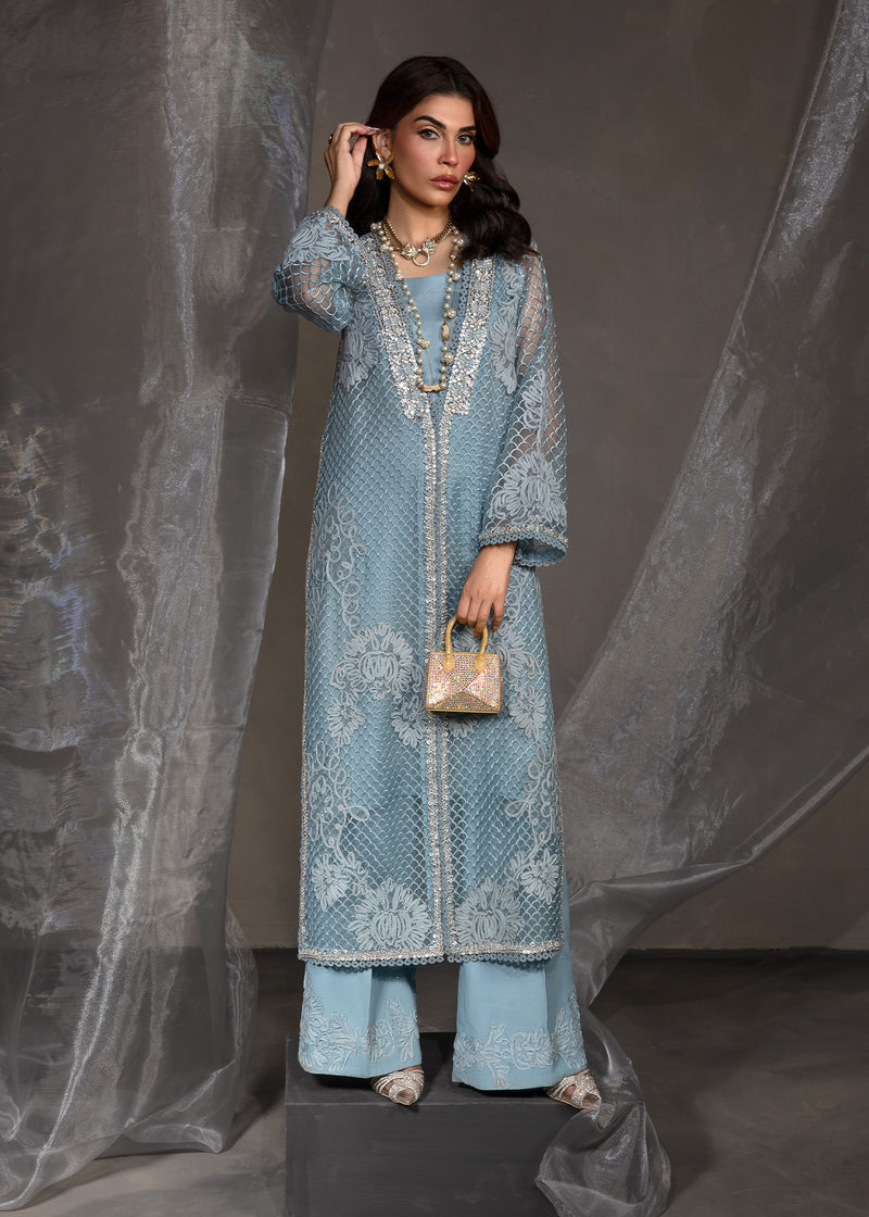 Greek Blue Dori Embroidered Organza Salwar Kameez (2-Piece) - Image 1