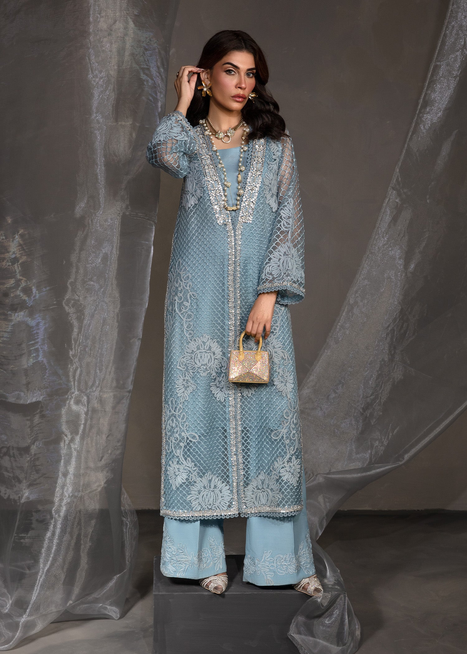 Greek Blue Dori Embroidered Organza Salwar Kameez (2-Piece) - Image 2