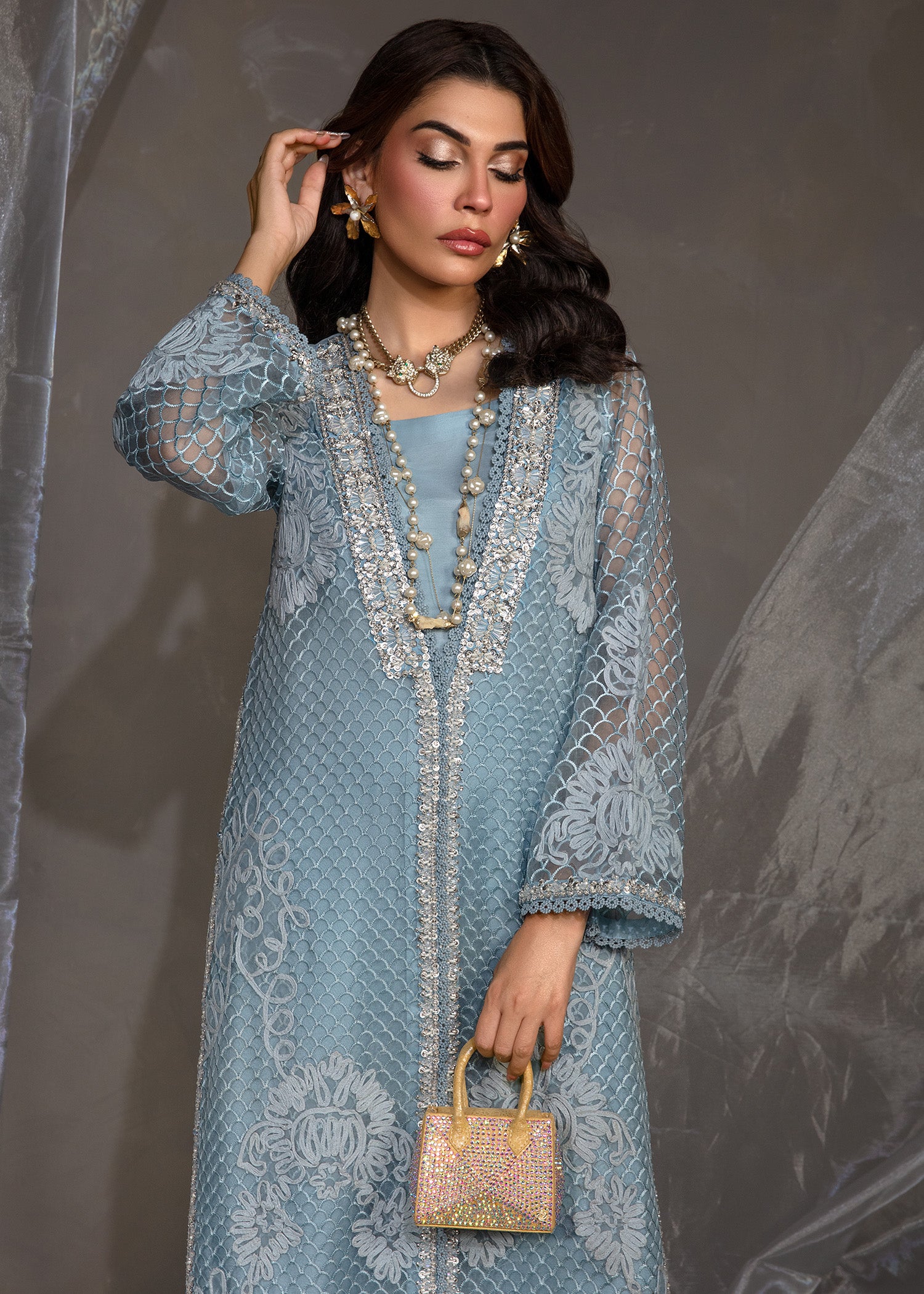 Greek Blue Dori Embroidered Organza Salwar Kameez (2-Piece) - Image 3
