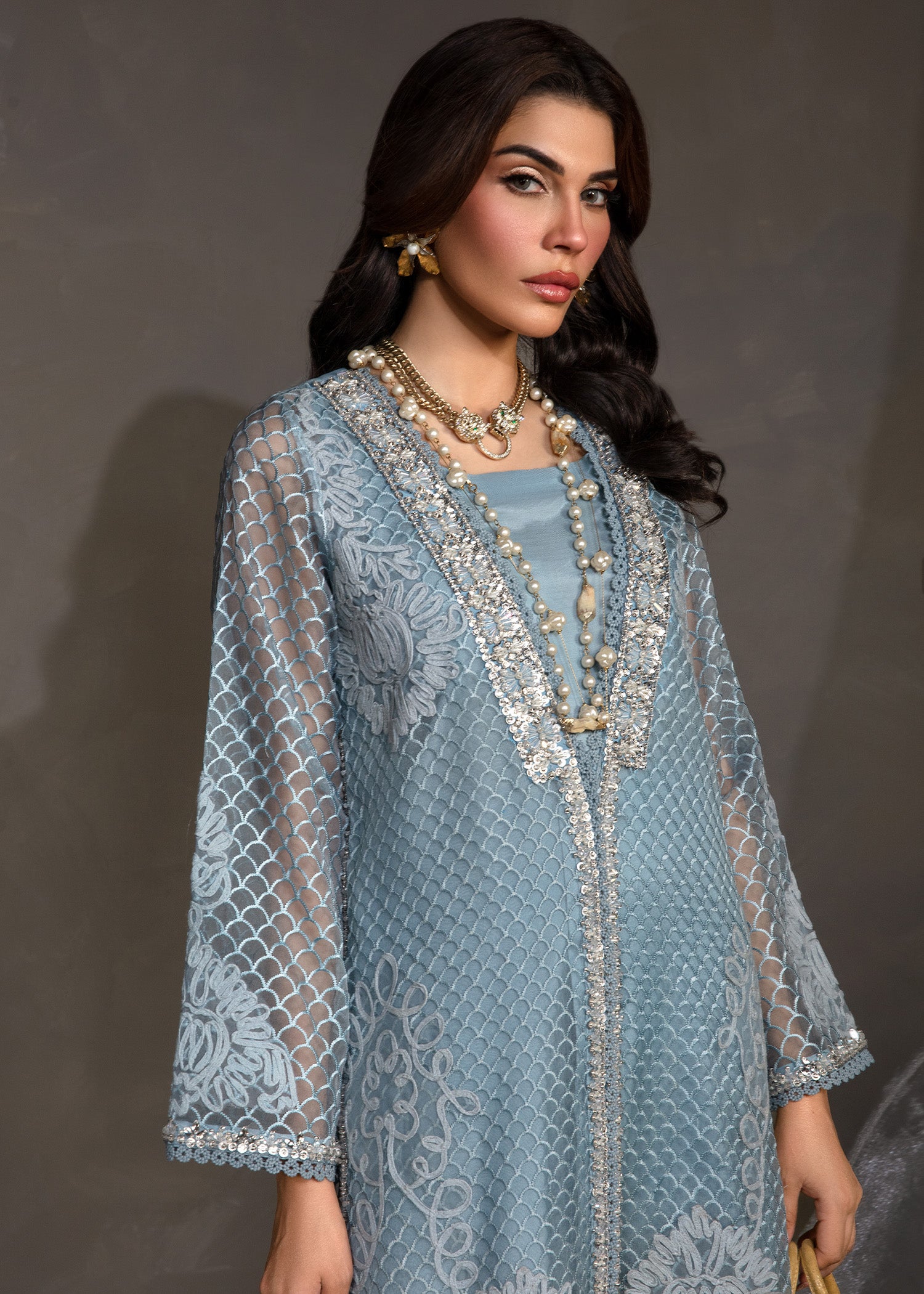 Greek Blue Dori Embroidered Organza Salwar Kameez (2-Piece) - Image 4