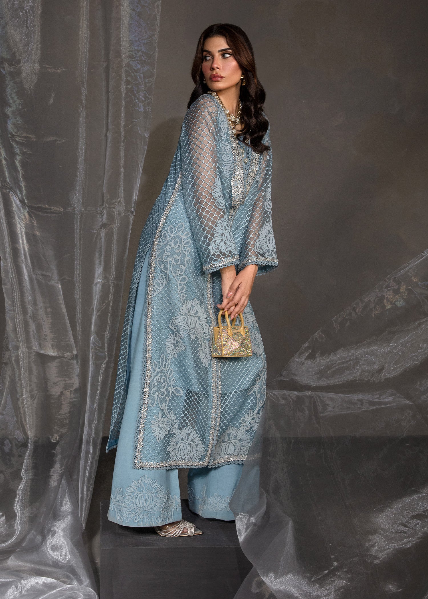 Greek Blue Dori Embroidered Organza Salwar Kameez (2-Piece) - Image 6