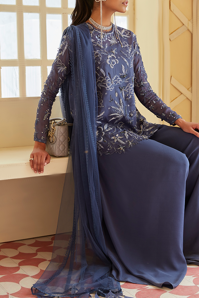 Pakistani Slate Blue Embroidered Organza Salwar Kameez (3-Piece) - Image 3