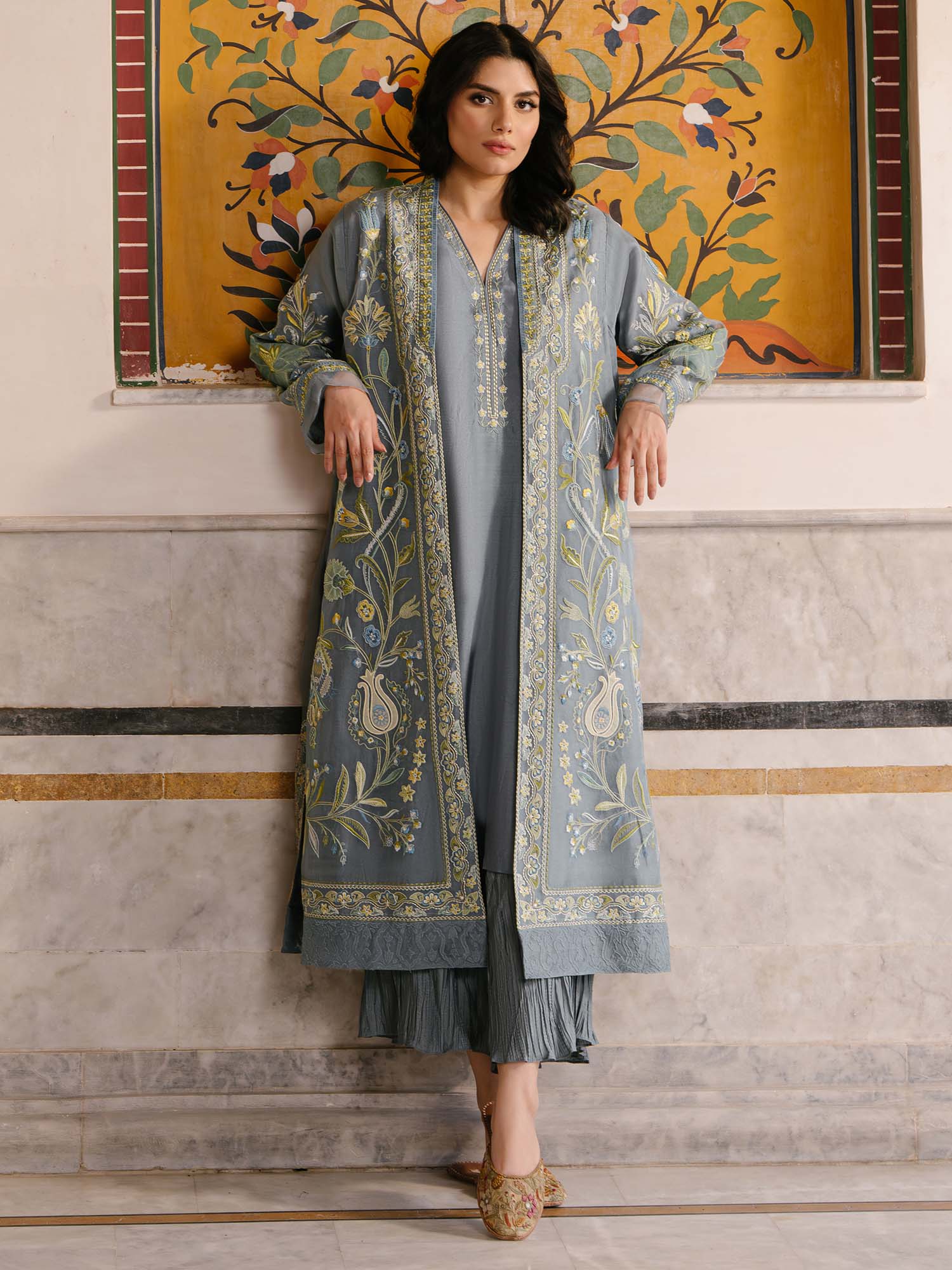 Pakistani Pearl Blue Embroidered Organza Choga (2-Piece) - Image 1