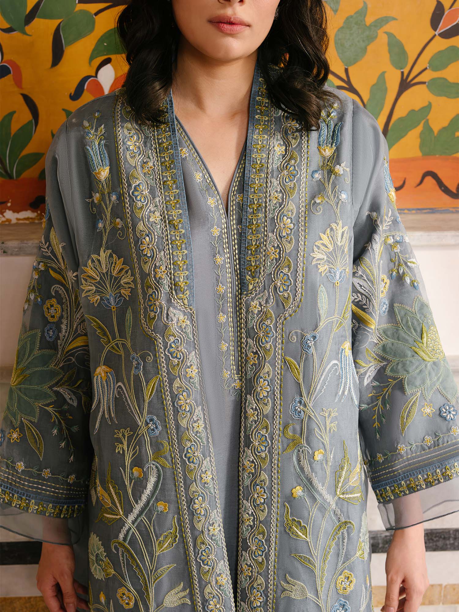 Pakistani Pearl Blue Embroidered Organza Choga (2-Piece) - Image 2