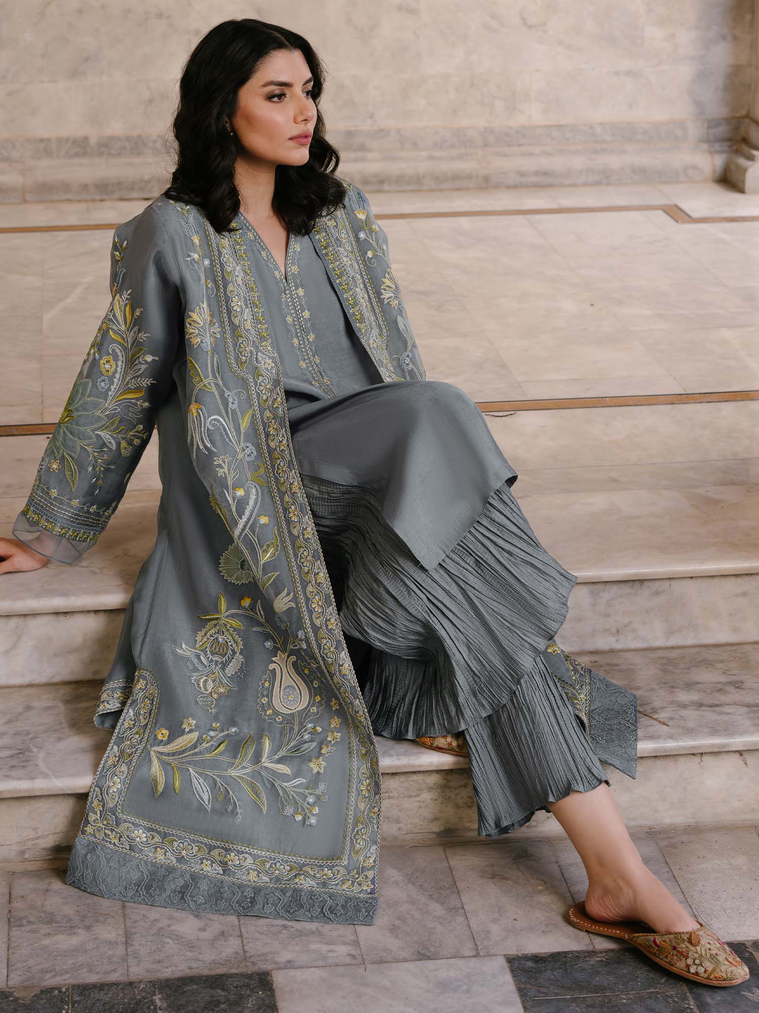 Pakistani Pearl Blue Embroidered Organza Choga (2-Piece) - Image 3