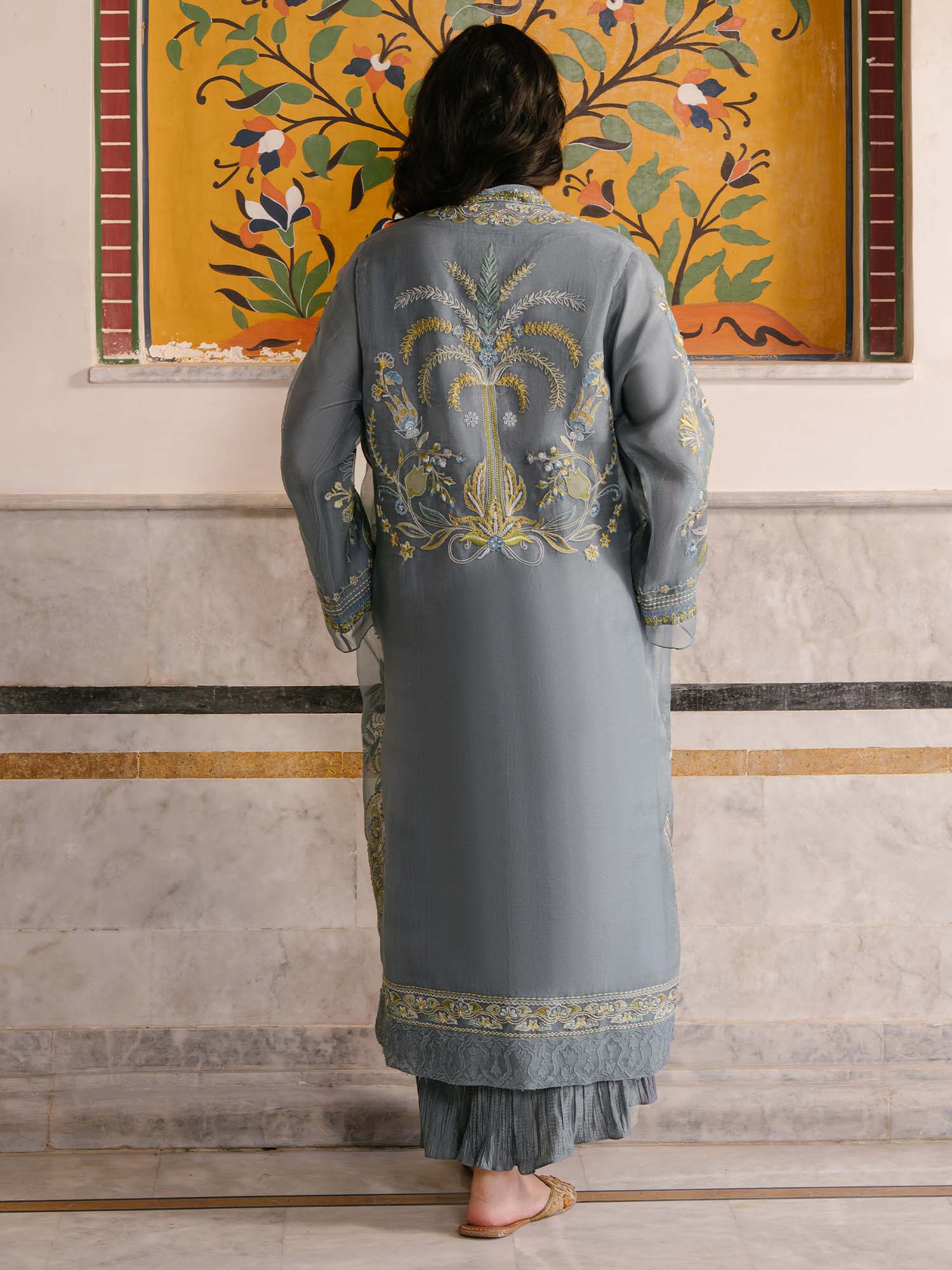 Pakistani Pearl Blue Embroidered Organza Choga (2-Piece) - Image 4