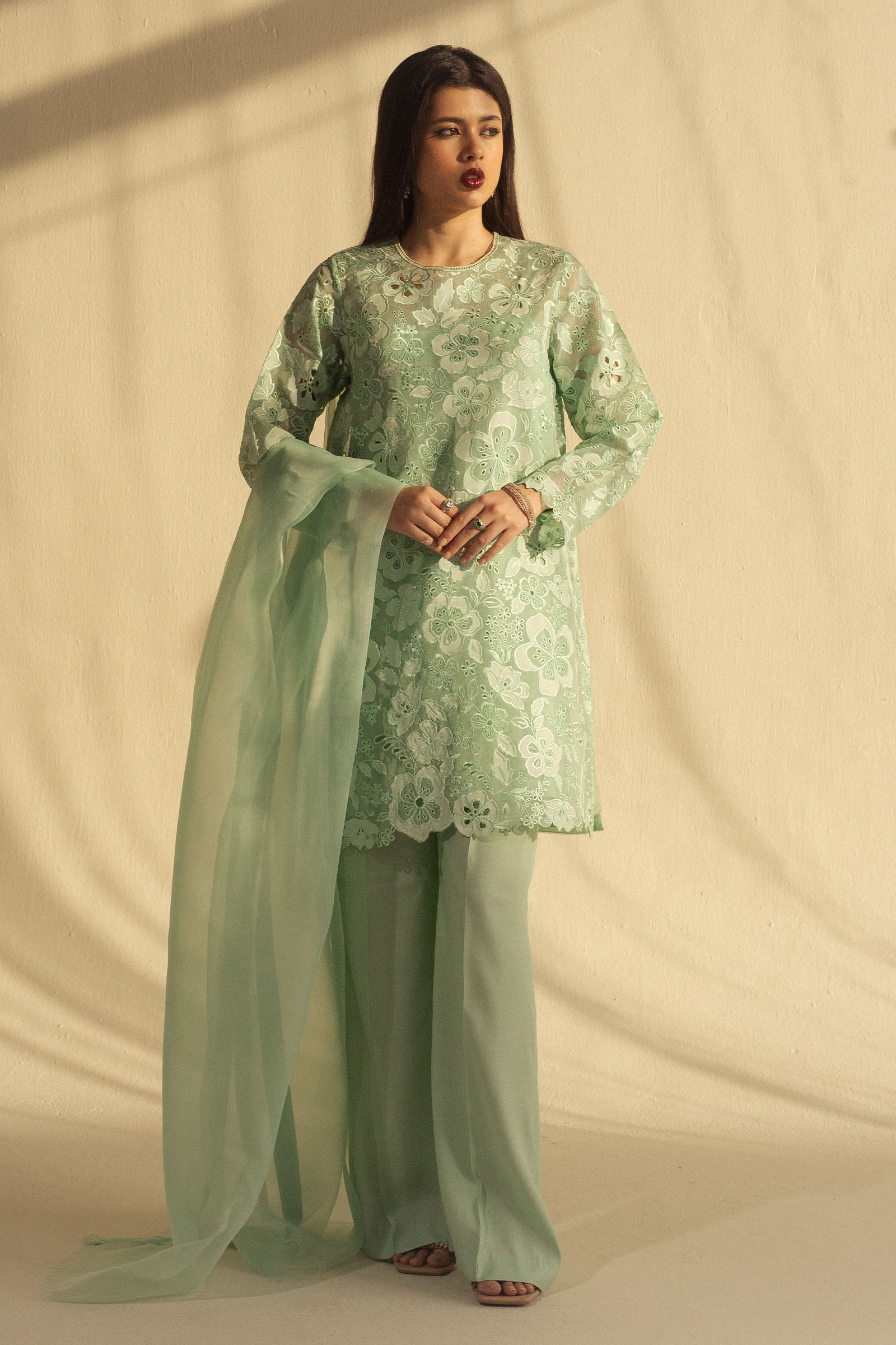 Aqua Appliqué Embroidered Organza Salwar Kameez (3-Piece) - Image 2