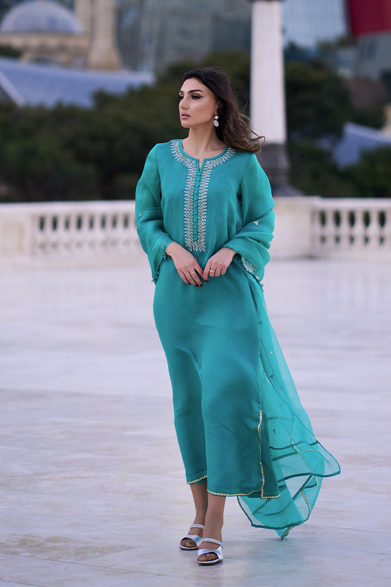 Pakistani Aqua Blue Embroidered Organza & Rawsilk Salwar Kameez (3-Piece) - Image 1