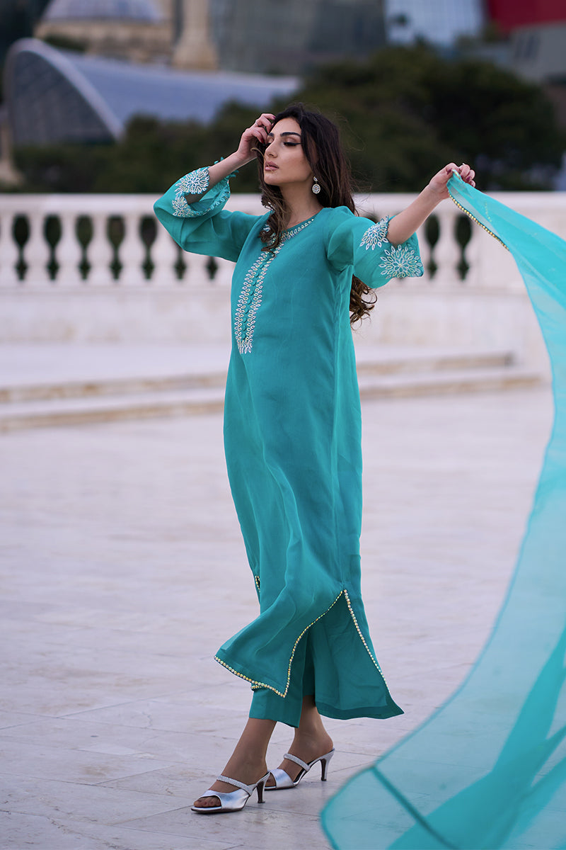 Pakistani Aqua Blue Embroidered Organza & Rawsilk Salwar Kameez (3-Piece) - Image 10