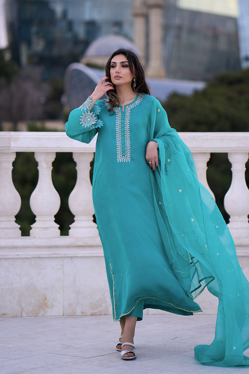 Pakistani Aqua Blue Embroidered Organza & Rawsilk Salwar Kameez (3-Piece) - Image 11