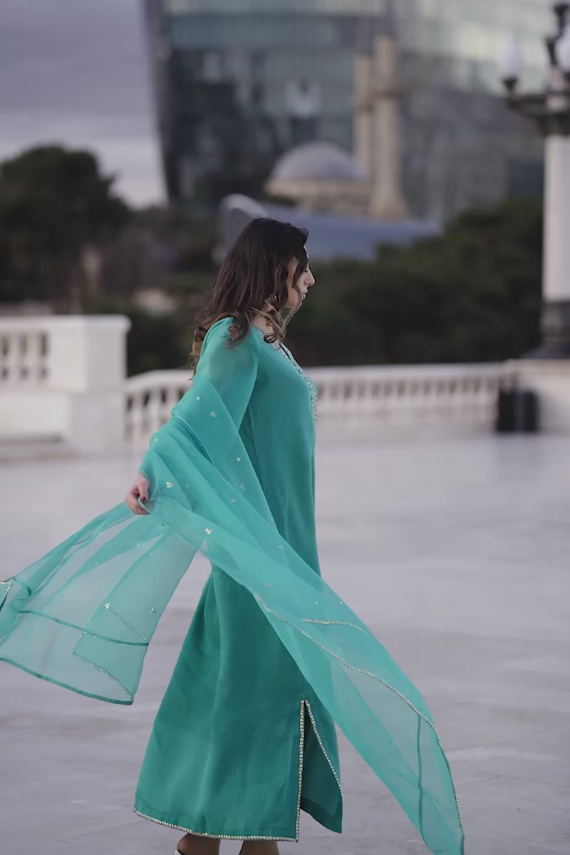 Pakistani Aqua Blue Embroidered Organza & Rawsilk Salwar Kameez (3-Piece) - Image 16