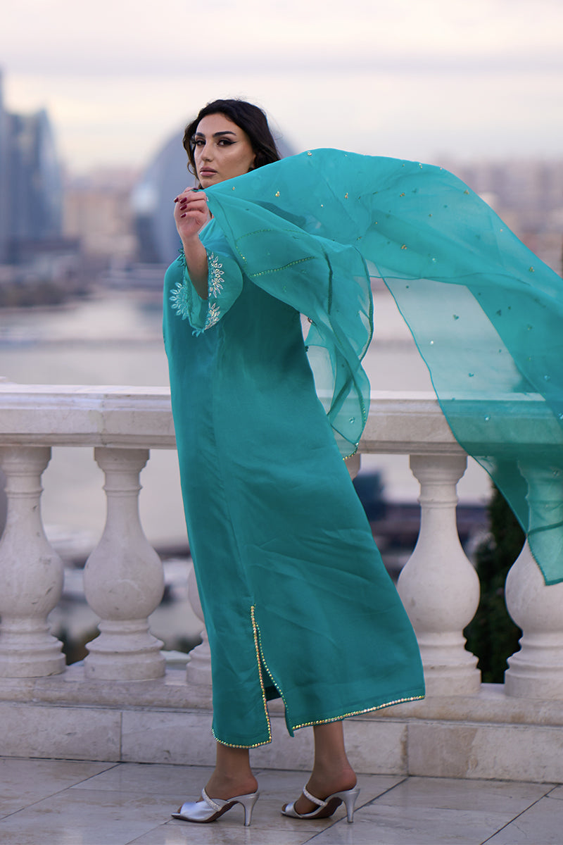 Pakistani Aqua Blue Embroidered Organza & Rawsilk Salwar Kameez (3-Piece) - Image 2