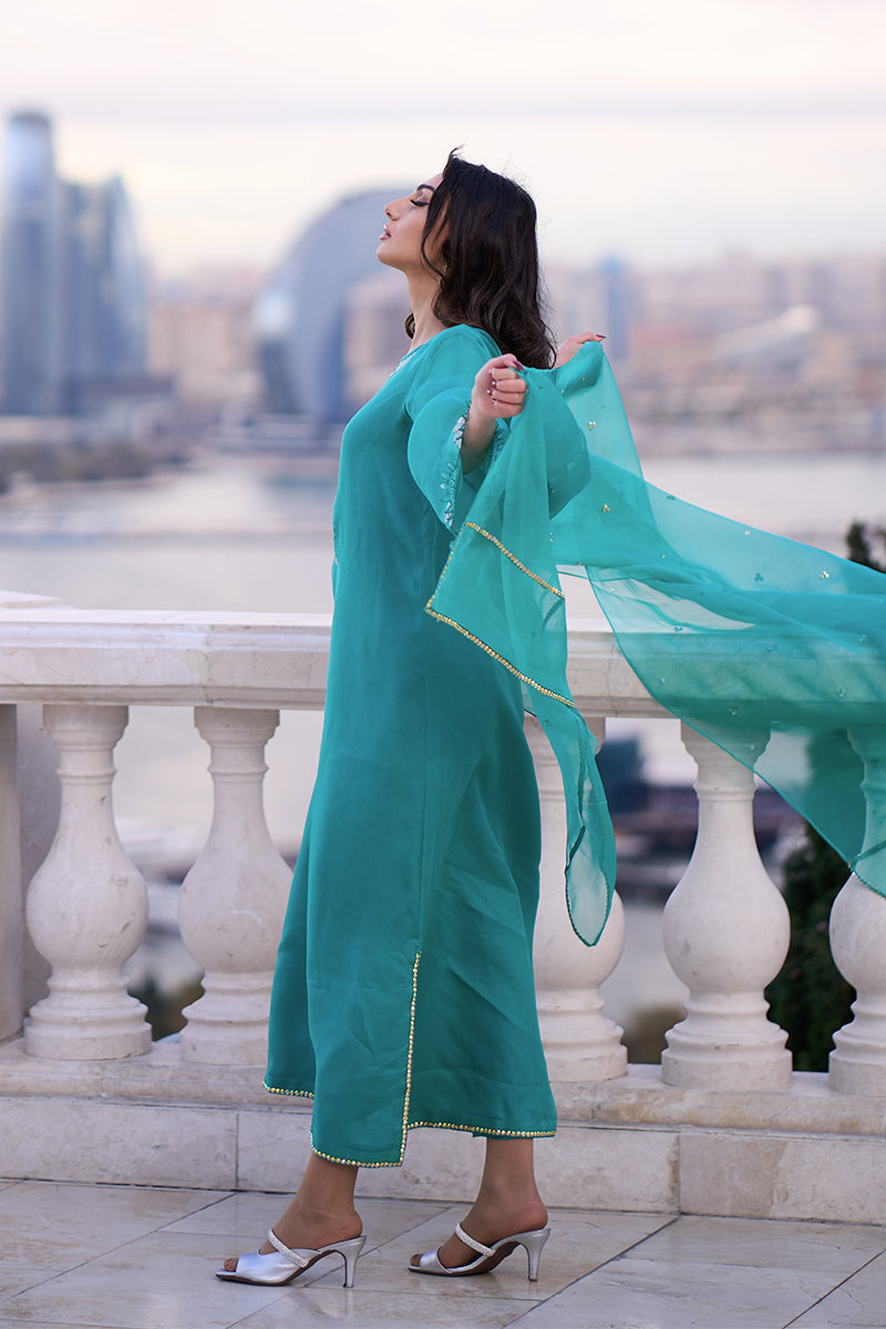 Pakistani Aqua Blue Embroidered Organza & Rawsilk Salwar Kameez (3-Piece) - Image 3
