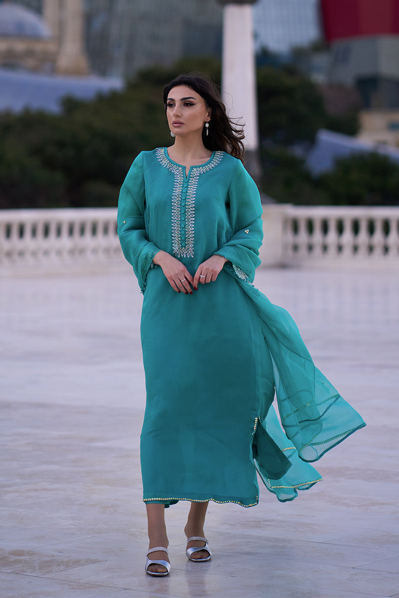 Pakistani Aqua Blue Embroidered Organza & Rawsilk Salwar Kameez (3-Piece) - Image 5
