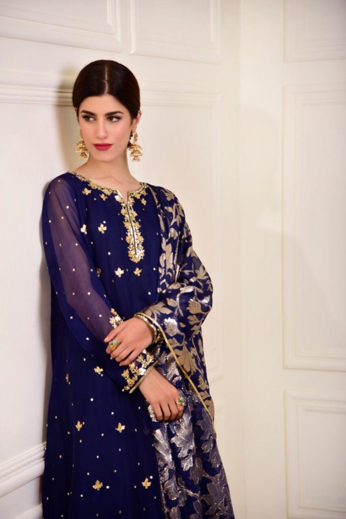 Pakistani Deep Blue Embroidered Pure Organza Salwar Kameez (3-Piece) - Image 2